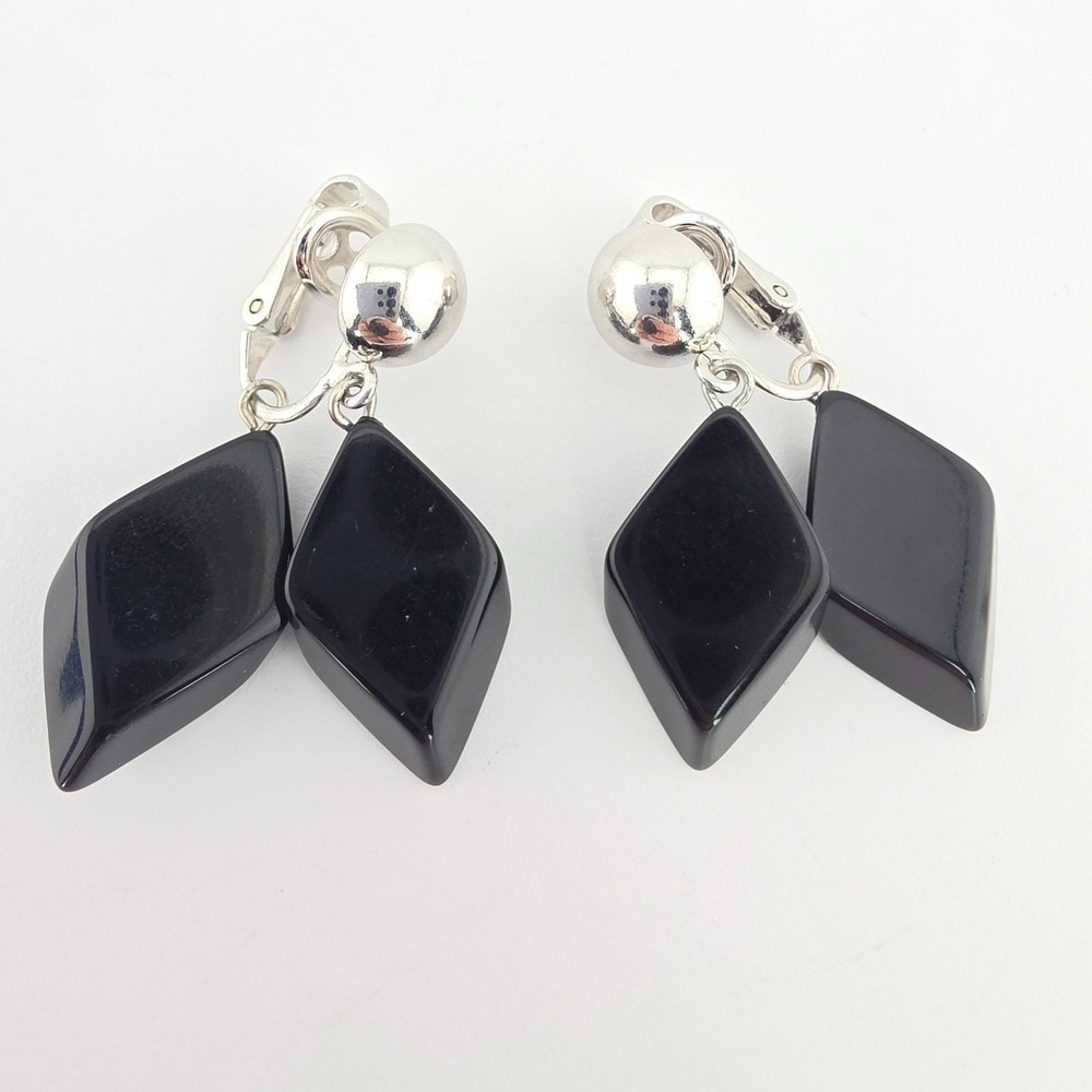 Vtg CROWN TRIFARI Clip-On Earrings Black Lucite Dangle Mid-Century Silver Tone